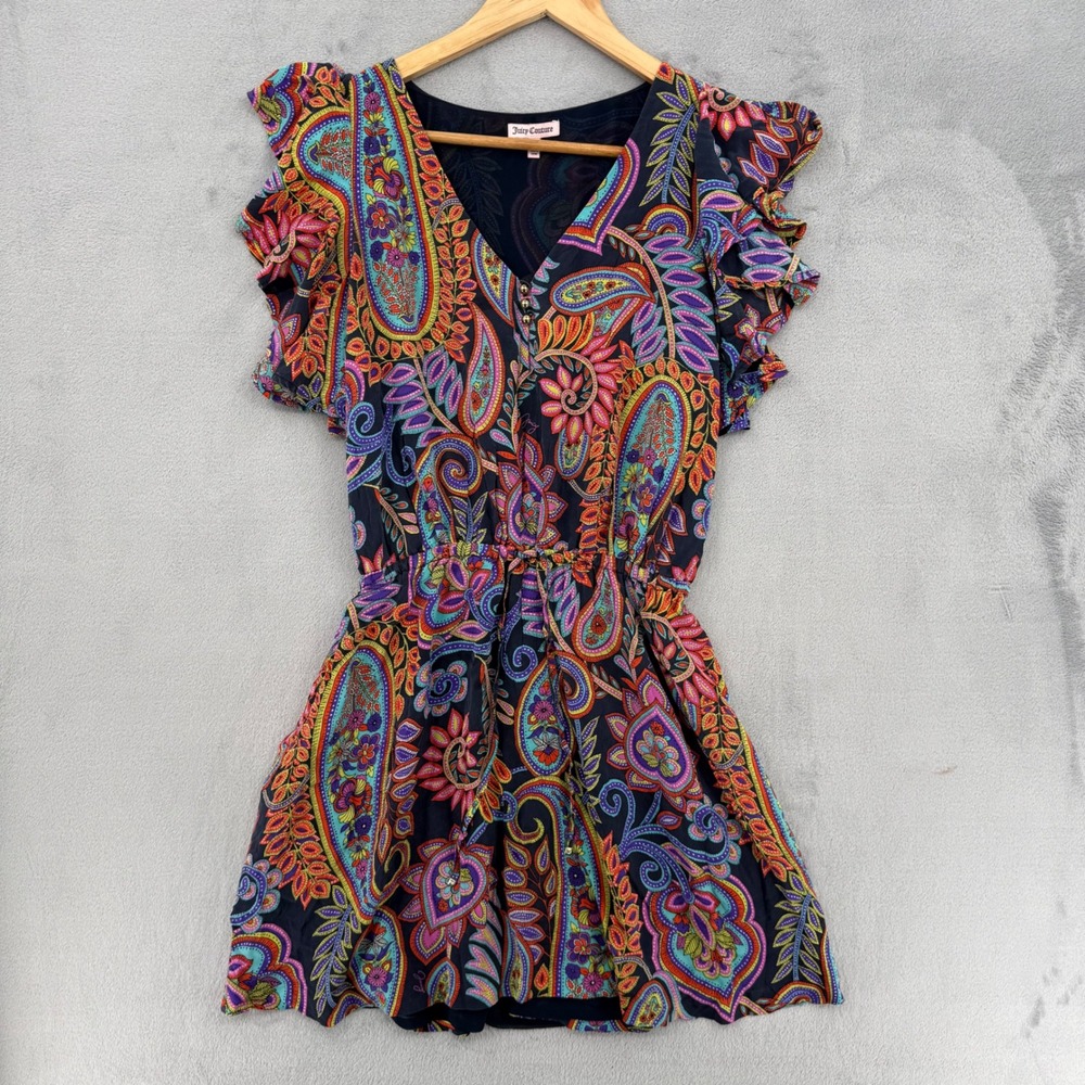 Juicy Couture Silk Paisley‎ Mini Dress Navy Blue Ruffle Sleeve V-Neck Size 2